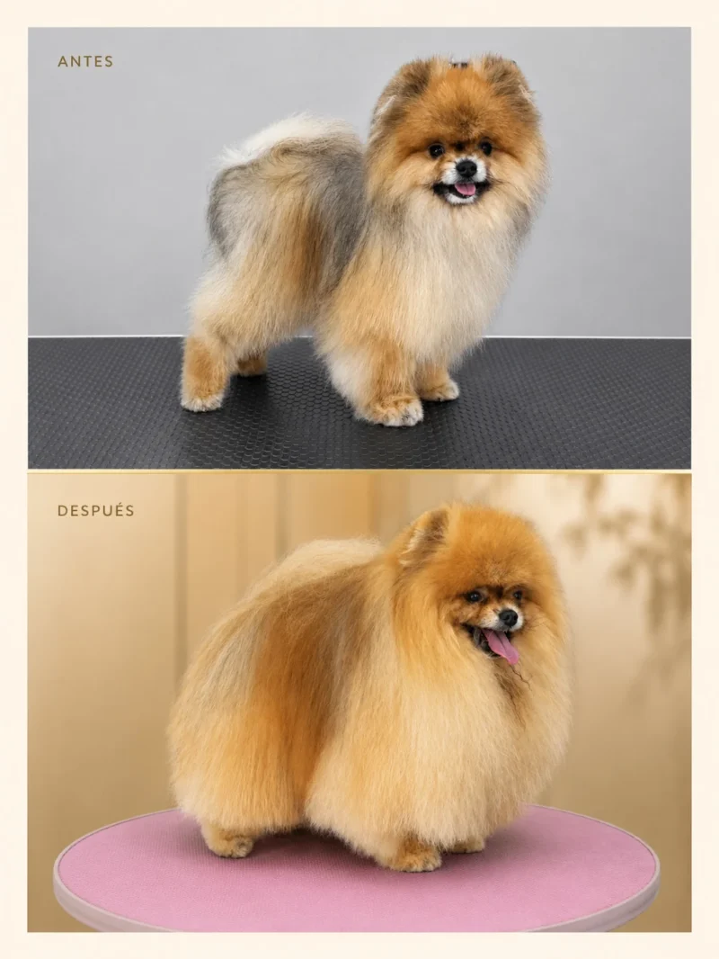 Antes y después de un Pomerania naranja con Alopecia X recuperado presencialmente en Can Xiu-Xiu, El Prat de Llobregat