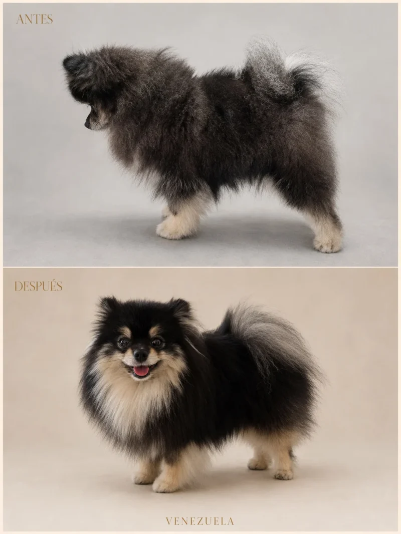 Antes y después de un Pomerania negro y fuego con Alopecia X recuperado con asesoría online de Can Xiu-Xiu desde Venezuela