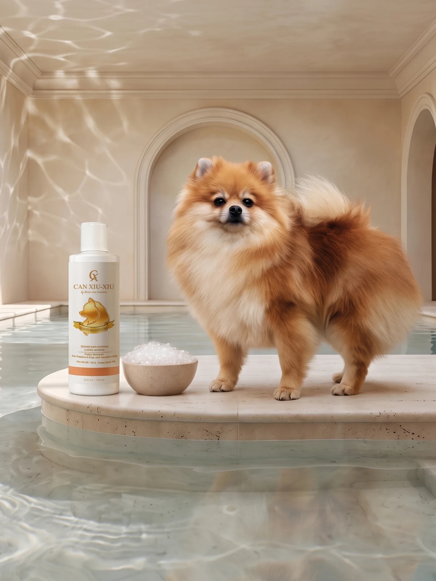 Champú para Pomerania Can Xiu-Xiu junto a un Pomerania