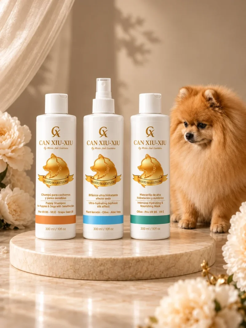 Champú, bifásico y mascarilla de Can Xiu-Xiu junto a un Pomerania
