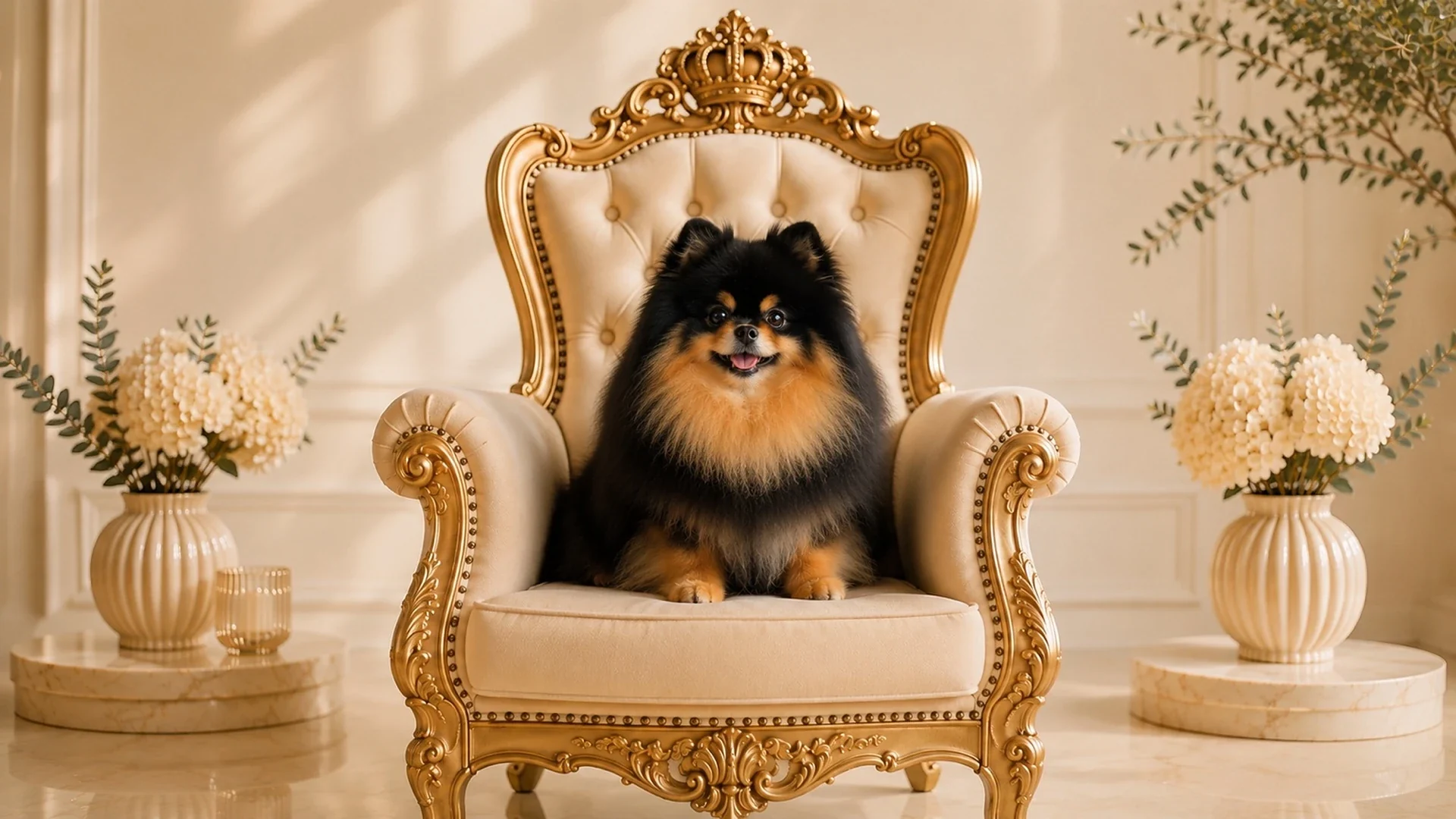 Pomerania black & tan sobre un sillón dorado de Can Xiu-Xiu