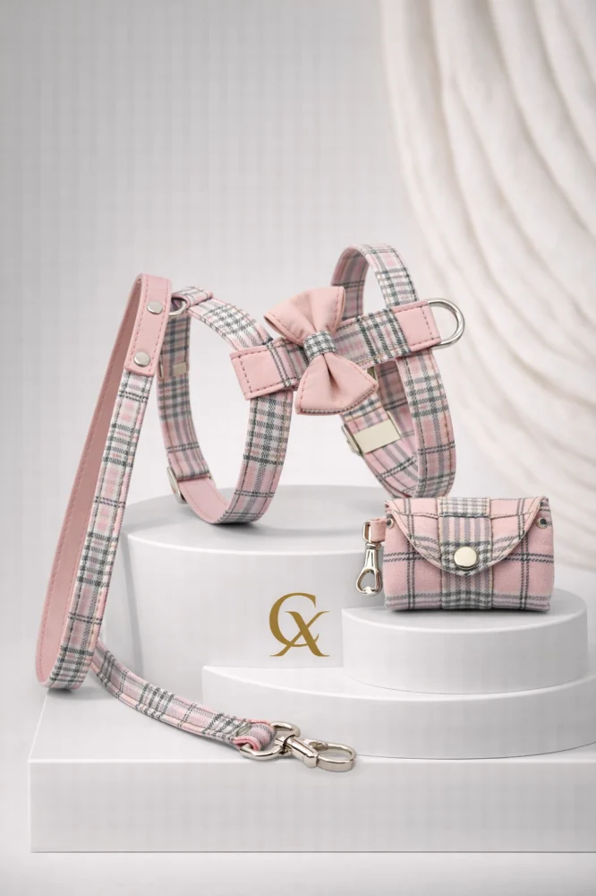 Conjunto Rosana Velvet Dog Collection: arnés, correa y bolsito para Pomerania