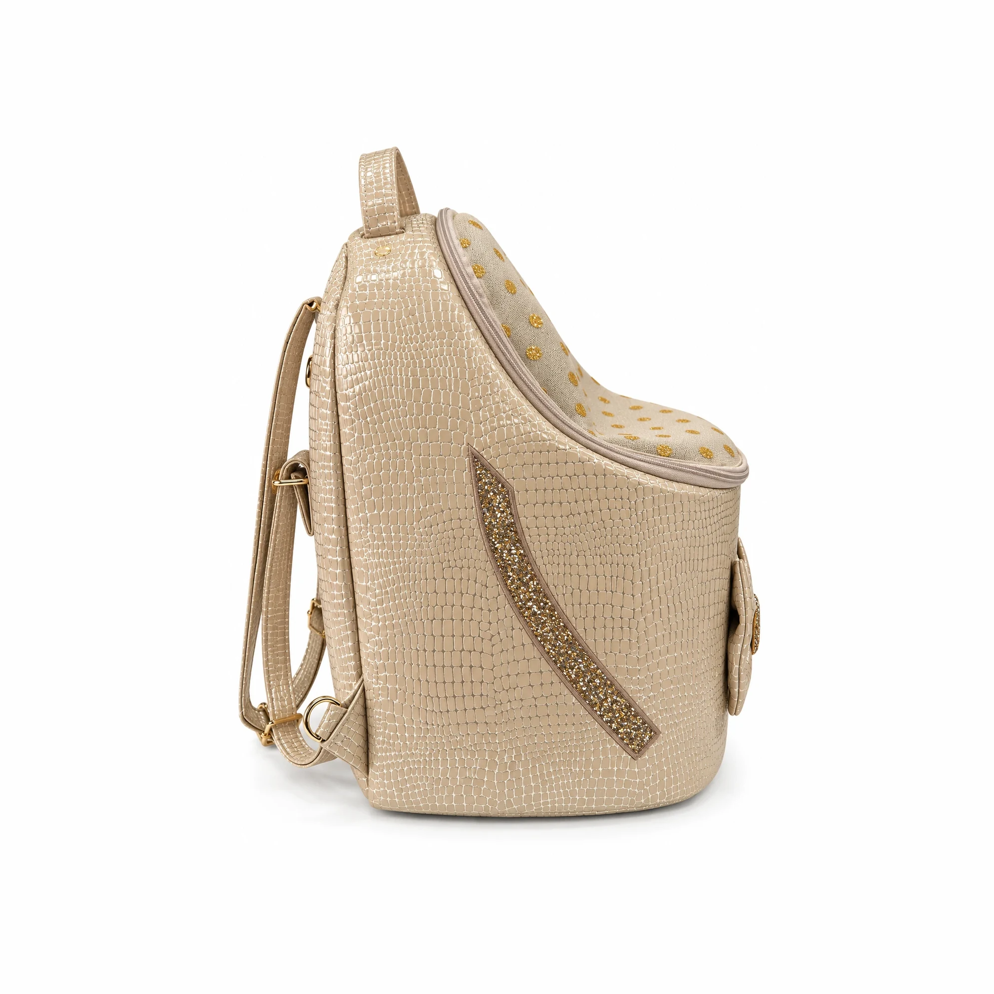 Mochila Dorata, vista lateral con detalle brillante