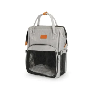 Mochila de transporte gris compacta para perro, vista frontal