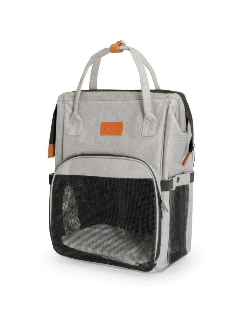 Mochila de transporte gris compacta para perro, vista frontal